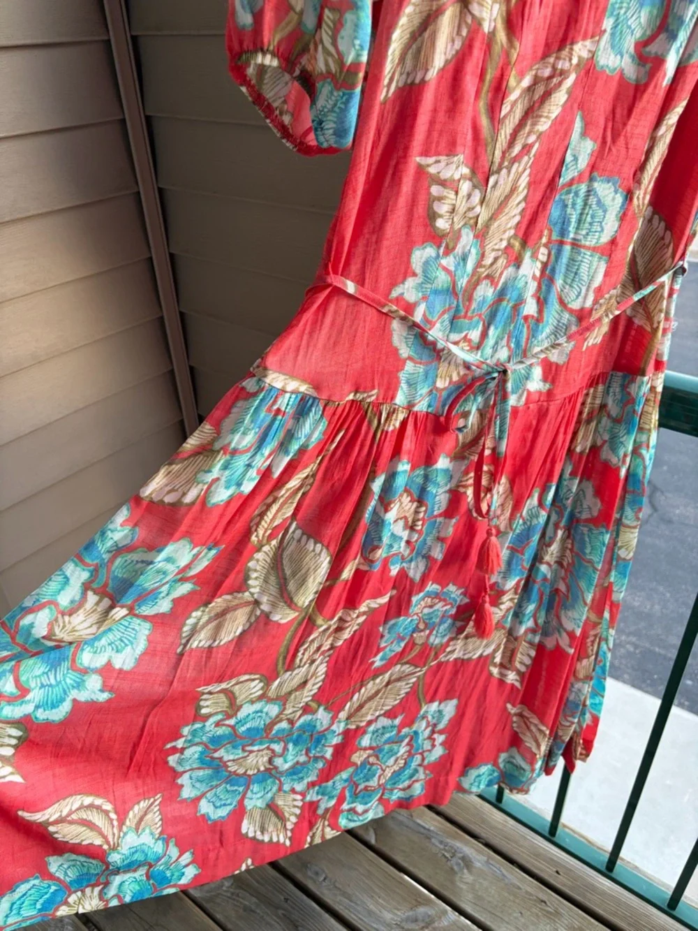 ππThe Good Journey Floral Midi Dress Size L Coral Pink Blue Boho Vacation - Picture 7 of 17